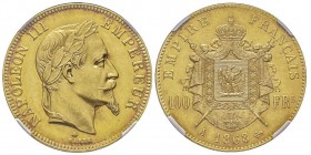 Second Empire 1852-1870
100 Francs, Paris, 1868 A, AU 32.25 g. Ref : G.1136, Fr. 580
Conservation : NGC MS63
Quantité : 2315 exemplaires. Rare.