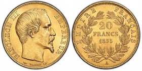 Second Empire 1852-1870
20 Francs, Paris, 1855 A, AU 6.45 g. chien main Ref : G. 1061, Fr. 531
Conservation : PCGS MS64. FDC