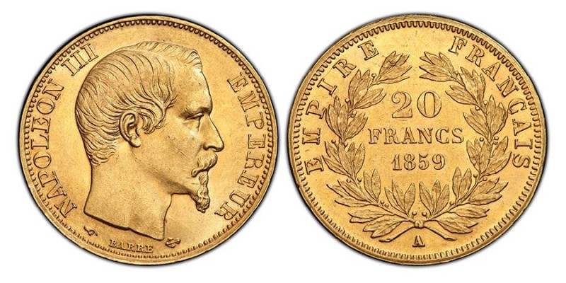 Second Empire 1852-1870
20 Francs, Paris, 1859 A, AU 6.45 g. Ref : G. 1061, Fr. ...