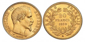 Second Empire 1852-1870
20 Francs, Paris, 1859 A, AU 6.45 g. Ref : G. 1061, Fr. 531
Conservation : PCGS MS62