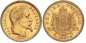Second Empire 1852-1870
20 Francs, Paris, 1867 A, AU 6.45 g. Ref : G. 1062, Fr. 532
Conservation : PCGS MS64. FDC