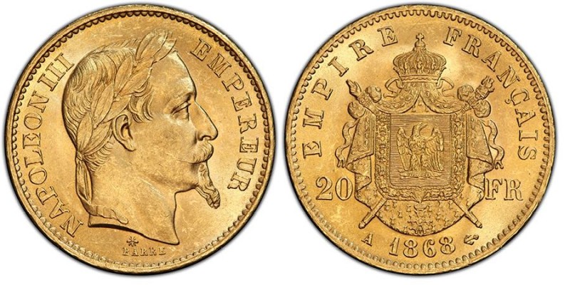 Second Empire 1852-1870
20 Francs, Paris, 1868 A, AU 6.45 g. Ref : G. 1062, Fr. ...