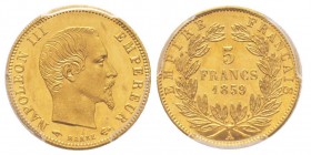 Second Empire 1852-1870
5 Francs, Paris, 1859 A, grand module AU 1.61 g. Ref : G.1001, Fr. 578a
Conservation : PCGS MS65. Rarissime dans cette qualite...