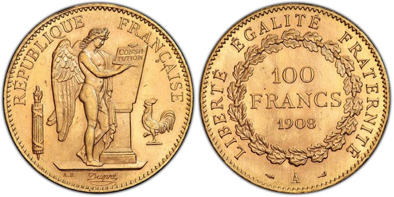 Troisième République 1870-1940
100 Francs, Paris, 1908 A, AU 32.25 g.
Ref : G.11...