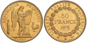 Troisième République 1870-1940
50 Francs, Paris, 1878 A, AU 16.12 g.
Ref : G. 1113, Fr. 591
Conservation : PCGS AU53
Quantité : 5294 exemplaies. Rare...