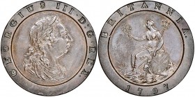 George III 1760-1820
2 Pence, SOHO, 1797, Cu 56.49 g.
Ref : Seaby 3776, KM#619
Conservation : NGC AU58