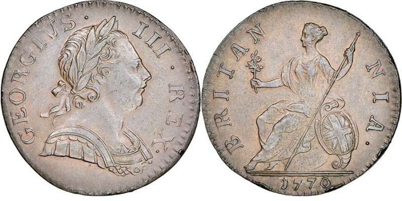 George III 1760-1820
Halfpenny, 1770, Cu 
Ref : Seaby 3774,Peck 893
Conservation...