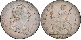 George III 1760-1820
Halfpenny, 1770, Cu 
Ref : Seaby 3774,Peck 893
Conservation : NGC AU58 BN