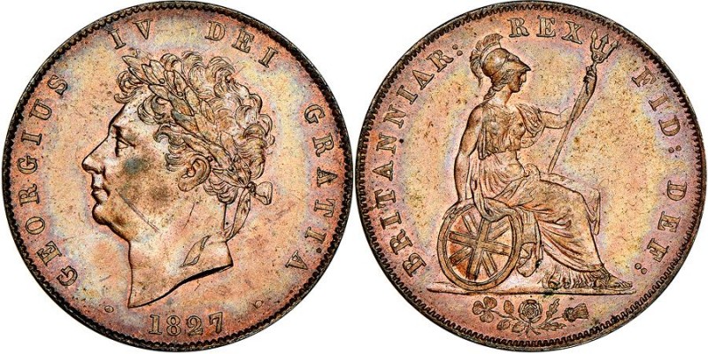 George IV 1820-1830
1/2 Penny, 1827, Cu 9.35 g. Ref : Seaby 3824
Conservation : ...