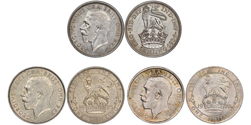 George V 1910-1936 
Lot de 3 pieces :
Shilling, 1918, AG 5.65 g. / Seaby 4013 / ...
