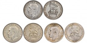 George V 1910-1936 
Lot de 3 pieces :
Shilling, 1918, AG 5.65 g. / Seaby 4013 / NGC MS 62
Shilling, 1925, AG 5.65 g. / Seaby 4013 / NGC AU 58
Shilling...