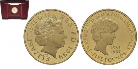 Elizabeth II -
5 Pounds Proof "Princess Diana", 1999, AU 40 g. 917‰
Quantité : 7500 ex. / Certificate 1078
Conservation : PROOF, dans son coffret d'or...