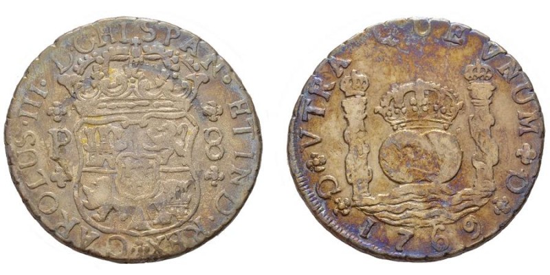 GUATEMALA
Carlos III 1759-1788
8 Reales, 1769 G-P, AG 26.65 g.
Ref : KM27.2, Cal...