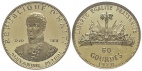 Haiti
60 Gourdes, 1969, Alexandre Petion, AU 18.25 g.
Ref : Fr. 8 
Conservation : NGC PROOF 67 ULTRA CAMEO
