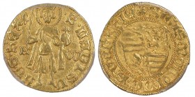 Sigismund 1387-1437 
Hungary
Gulden K/W, AU 3.48 g. Ref : Fr. 10, Huszar 573 Conservation : PCGS AU58