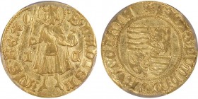 Hungary, Sigismund 1387-1437
Gold Gulden I/C, AU 3.38 g. 
Ref : Fr. 10, Huszar 573
Conservation : PCGS AU53