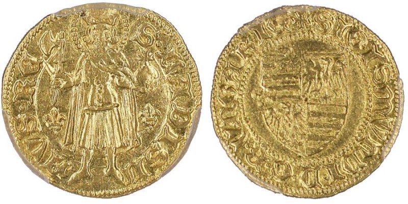 Hungary, Sigismund 1387-1437
Gold Gulden lis/lis, AU 3.49 g. 
Ref : Fr. 10, Husz...