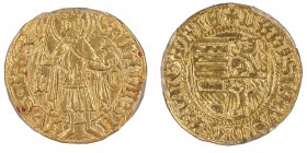 Hungary, Sigismund 1387-1437
Gulden, AU 3.55 g.
Ref : Fr. 16, Huszar 637
Conservation : PCGS AU Detail. Mounted