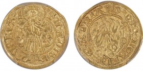 Hungary, Matthias Corvinus 1458-1490 
Gulden, Nagybanya, 1484-87, AU 3.48 g. Ref : Fr. 22, Huszar 683
Conservation : PCGS MS62