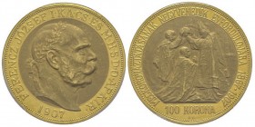 Hungary, Franz Joseph I 1848 - 1916
100 Corona, Kremnitz, 1907 KB, Coronation, AU 33.87 g.
Ref : Fr. 2193, KM#490, Huszar 2213
Conservation : PCGS MS6...
