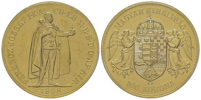 Hungary, Franz Joseph I 1848 - 1916
100 Korona, Kremnitz, 1908 KB, AU 33.9 g.
Re...