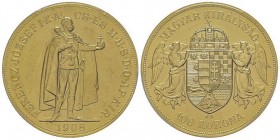 Hungary, Franz Joseph I 1848 - 1916
100 Korona, Kremnitz, 1908 KB, AU 33.9 g.
Ref : Fr. 2055, KM#491
Conservation : PCGS MS67. Restrike