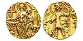Vasu Deva III et ses successeurs 260-360
Statère d'or à la déesse Ardoksho, vers 320-350, AU 7.85 g. 
Ref : Mitch 3549
Conservation : TTB/SUP