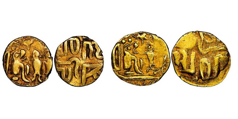 Cholas de Tanjore
Raja Raja I, 985-1014
Lot de 2 pieces de fanam (=1/8 kahavanu)...