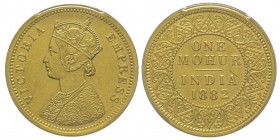 British India
Victoria 1837-1901
Mohur, Calcutta, 1882 C, AU 11.65 g.
Ref : KM#496, S&W-6.11, Fr.1604
Conservation : PCGS MS61