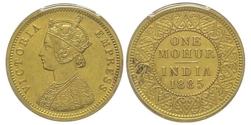 British India
Victoria 1837-1901
Mohur, Calcutta, 1885 C, AU 11.64 g.
Ref : KM#4...