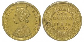 British India
Victoria 1837-1901
Mohur, Calcutta, 1885 C, AU 11.64 g.
Ref : KM#496, S&W-6.13, Prid 21, Fr.1604
Conservation : PCGS MS63