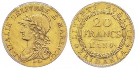 Gaule Subalpine 1800-1802
20 francs, Turin, AN 9 (1800-1801), AU 6.45 g.
Ref : G. IT 5, Fr. 1172, Pag 3
Conservation : PCGS AU55. Superbe