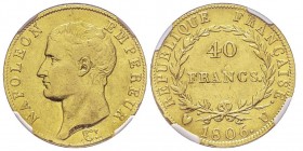 Département de l'Éridan 1802-1814
40 Francs, Turin, 1806 U, AU 12.90 g.
Ref : G. 1082a, Pag. 13, Fr. 482
Conservation : NGC AU53. Rare.