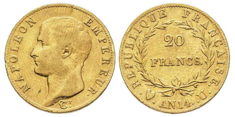 Département de l'Éridan 1802-1814
20 Francs, Turin, AN 14 U, AU 6.45 g.
Ref : G....