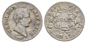 Département de l'Éridan 1802-1814
1/4 franc, Turin, AN13 U, AG 1.25 g.
Ref : G. 346, Pag. 60, KM#654.1
Conservation : Superbe