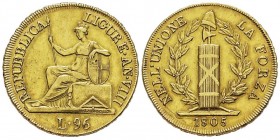 République Ligure 1798-1805
96 Lire, 1805, AU 25.18 g.
Ref : G. IT15, MIR 375/5 (R), Fr. 448
Conservation : traces de nettoyage sinon TTB+