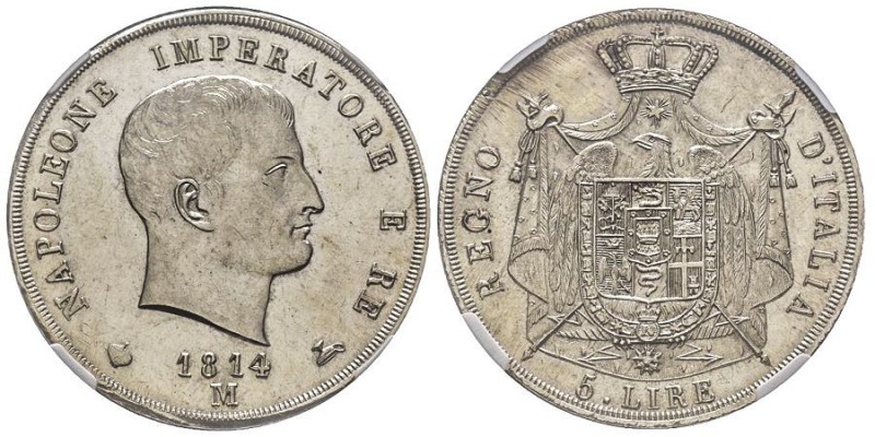 Royaume d'Italie 1805-1814
5 Lire, Milan, 1814 M, AG 25 g. 
Ref : G. IT 28, Pag....