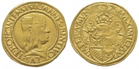 BOLOGNA
Giovanni II Bentivoglio 1494-1509
Doppio Ducato, Bologna, non daté (1446-1506), AU 6.9 g.
Avers : IOANNES BENTIVOLVS II BONONIENSIS Buste coif...