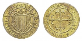 CAGLIARI
Filippo V 1700-1719
Scudo d'oro, Cagliari, 1702, AU 3.18g.
Ref : MIR 93/2 (R), CNI 4
Conservation : PCGS MS63. FDC