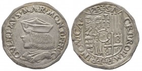 CASALE
Guglielmo II Paleologo 1494-1518
Testone, AG 9.43 g.
Avers : GVLIELMVS MAR MONT FER ZC
Revers : SAC RI RO IMP PRINC VICA PP
Ref : MIR 185 (R), ...
