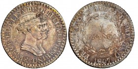 LUCCA Felice e Elisa Baciocchi
1 Franco, 1807, AG 5 g.
Ref : MIR 245/3, Pagani 257
Conservation : NGC MS 62. FDC