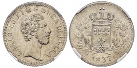 Lucca, Carlo Ludovico 1824-1847 
2 Lire 1837, AG 10 g.
Ref : MIR 258
Conservation : NGC MS63. FDC
