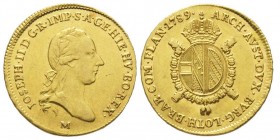 MILANO Giuseppe II d'Asburgo 1780-1790
Mezza sovrana, 1789, AU. 5.54 g. 
Ref : MIR 457/2 (R3), Fr. 739c
Conservation : Superbe. Très Rare