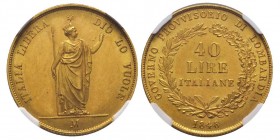 Governo Provvisorio di Lombardia 1848
40 Lire 1848, AU 12.9 g.
Ref : MIR 525, Crippa 1, Pag 211, Fr.474
Conservation : NGC MS63. FDC