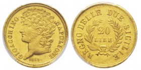 Gioacchino Murat 1808-1815
20 Lire, 1813, rami corti, AU 6.45 g.
Ref : MIR 440, Pannuti-Riccio 10, Gad.13, Fr. 860
Conservation : PCGS MS63