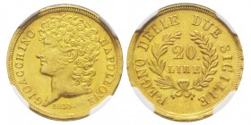 Gioacchino Murat 1808-1815
20 Lire, 1813, rami corti, AU 6.45 g.
Ref : MIR 440, Pannuti-Riccio 10, Gad.13, Fr. 860
Conservation : NGC MS64. FDC. Le pl...