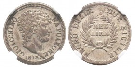 Gioacchino Murat 1808-1815
1/2 Lira, 1813, Napoli, AG 2.5 g. 
Ref : G. IT 50, Pag. 63
Conservation : NGC AU55