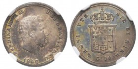 Napoli , Ferdinando II di Borbone 1830-1859 
Tarì da 10 Grana, 1848, AG 2.29 g.
Ref : MIR 513/9 (R3), Pannuti Riccio 161, KM#328
Conservation : NGC MS...