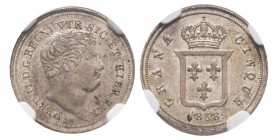 Napoli , Ferdinando II di Borbone 1830-1859 
Tarì da 5 Grana, 1848, AG 1.15 g.
Ref : MIR 516/1, Pannuti Riccio 172, KM#363
Conservation : NGC MS62+