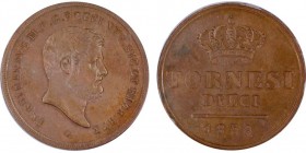 Napoli , Ferdinando II di Borbone 1830-1859 
10 Tornesi, 1859, AE 31.18 g.
Ref : MIR 521/8, KM#369
Conservation : PCGS MS63 BN